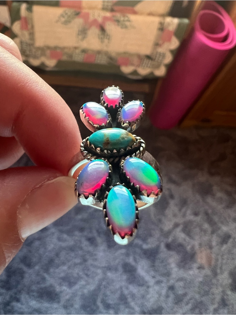 Sterling southwestern Opal and turquoise ring - Picture 6 of 8